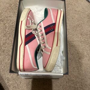 Pink Canvas Sneakers with Navy & Red Stripe